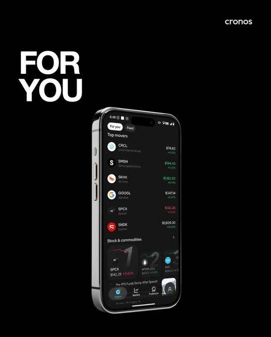 A sleek black promotional image for the Cronos app features a smartphone displaying a personalized "For You" trading feed with top movers including CRCL, SMHN, SHOP, GOOGL, SPCX, and SNDK, alongside stock and commodities data—visually reinforcing the caption's idea of a curated, algorithm-driven feed tailored to individual trading habits rather than generic market noise.