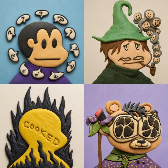 A 2x2 grid of clay art sculptures features characters including a confused figure with question marks, a green-hatted pipe-smoker with smoke faces, a yellow face with 'COOKED' written on it in flames, and a bear in glasses holding a staff.