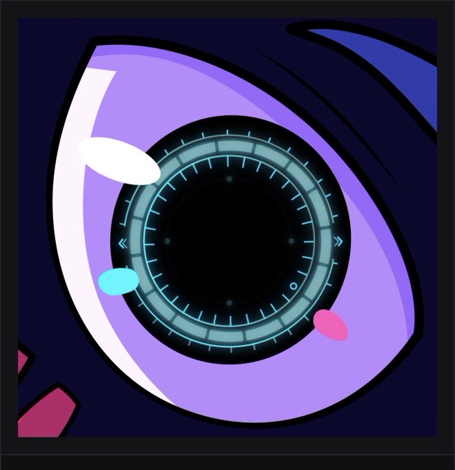 A cartoon-style illustration of a large purple anime-style eye with a glowing cyan circular iris featuring clock-like markings, accented with white, teal, and pink highlights against a dark background.
