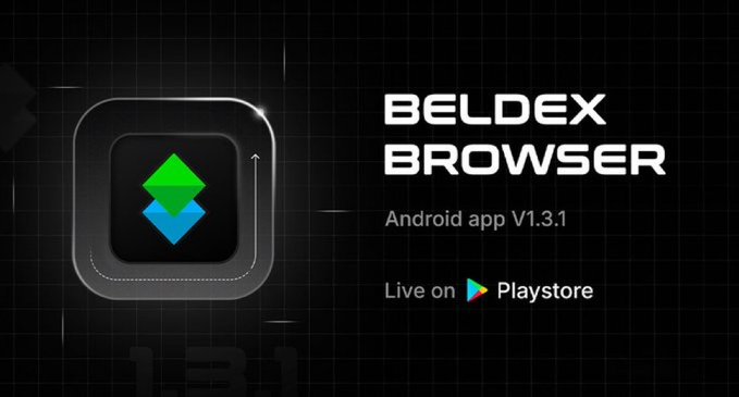 Promotional graphic for the Beldex Browser Android app V1.3.1, showing its app icon and a 'Live on Playstore' badge against a dark grid background.