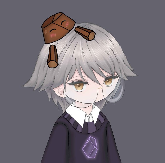 An anime-style avatar with short silver hair, wearing a dark purple sweater over a white collared shirt, with the Ethereum (ETH) diamond logo on the chest. Three brown cartoon 'brick' characters with cute faces hover above the character.