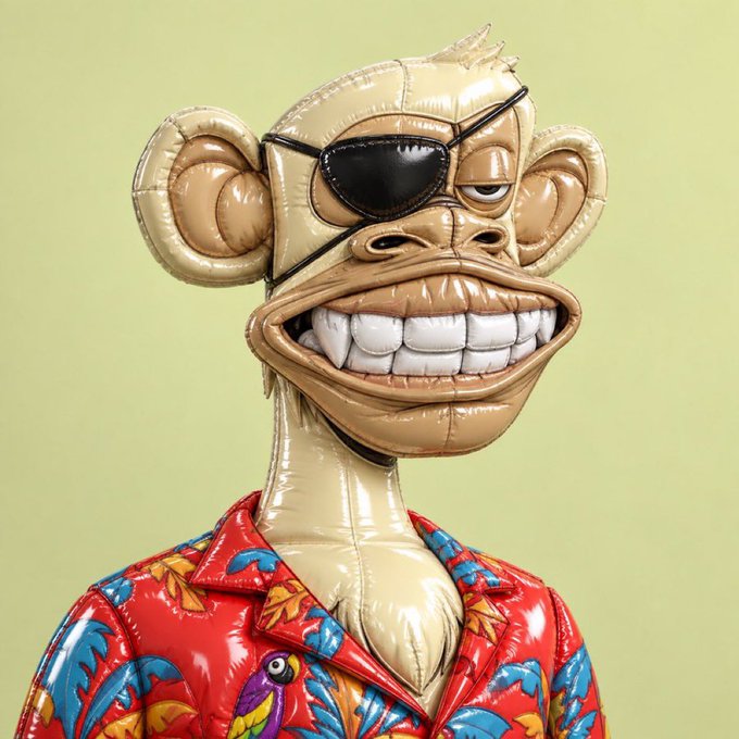 A digital 3D rendering of a Bored Ape-style character with an eyepatch, large grin, and a red Hawaiian shirt against a light green background.