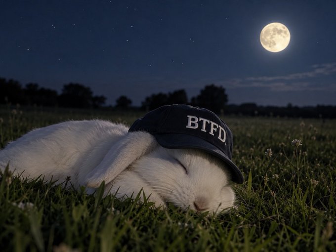 A white rabbit sleeps in grass wearing a black baseball cap with white "BTFD" letters, under a night sky with a bright full moon.