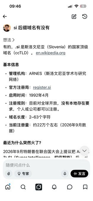 A mobile screenshot shows information about the .si country code top-level domain for Slovenia, noting it's managed by ARNES, registered through register.si since April 1992, and has approximately 220,000 current registrations as of September 2026. The post suggests that .si domains—potentially read as "SI Super Artificial Intelligence"—could surge in popularity like .ai domains did for Anguilla, encouraging early registration before a potential boom.