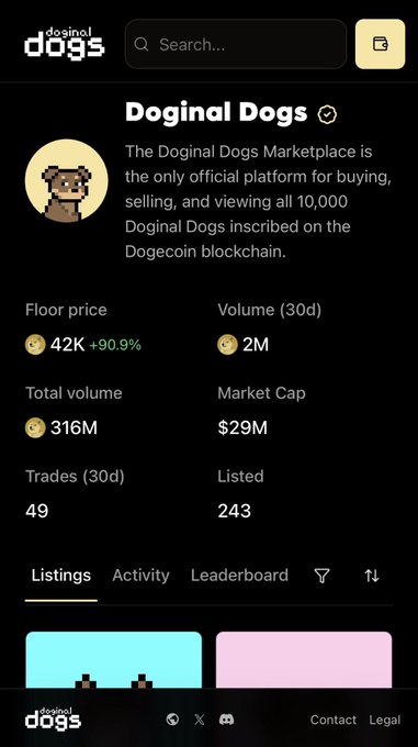 A mobile screenshot of the Doginal Dogs NFT marketplace showing a floor price of 42K Dogecoin (+90.9%), a market cap of $29M, and 316M total volume.