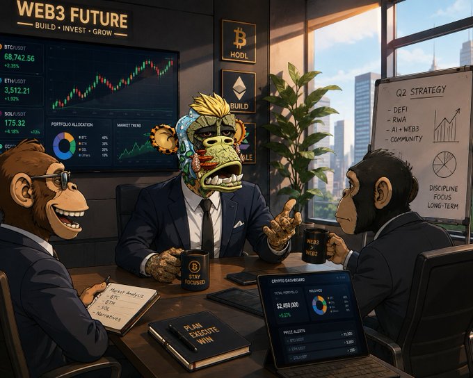 A cartoonish illustration of three ape/monkey characters in a business meeting with "WEB3 FUTURE - BUILD INVEST GROW" displayed on screens showing crypto charts including Bitcoin and Ethereum prices.