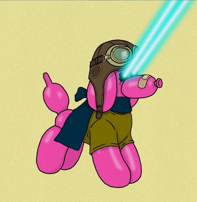 An illustration of a pink balloon dog wearing a brown aviator cap with goggles and a blue cape, firing cyan laser beams from its eyes.