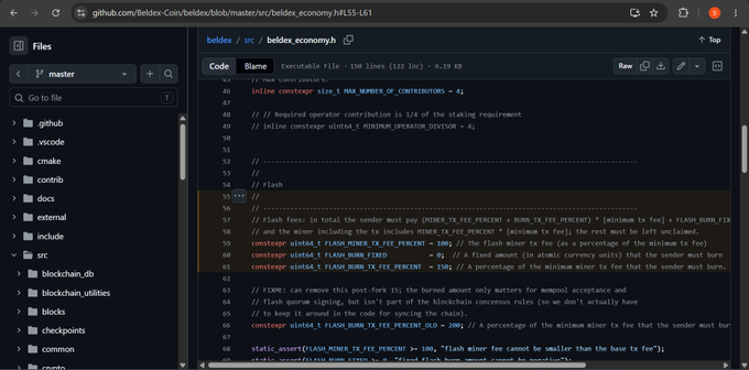 A screenshot of GitHub displaying the 'beldex_economy.h' source code file, showing C++ code related to flash burn mechanics and miner fees.