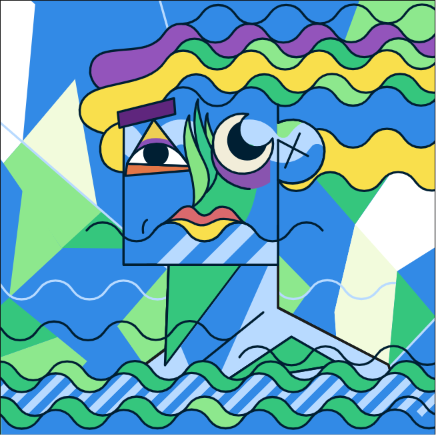 A colorful, abstract digital artwork featuring a stylized face with curly yellow and purple hair, set against a wavy blue and green geometric background.