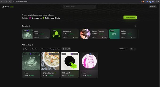 The image shows the TradePools website homepage featuring a "Trending" section with tokens $frong ($11.9M, +61.5%), $pook.trade, Unicorn Pegasus, and Uniswap ($589.0K, +68.8%), along with an "All launches" section displaying $frong, ChowLaunch, THE LEAK, and swappy. This relates to the post highlighting $POOLS and $FRONG as verified tokens on the platform, with $FRONG prominently featured in both the trending and launches sections.
