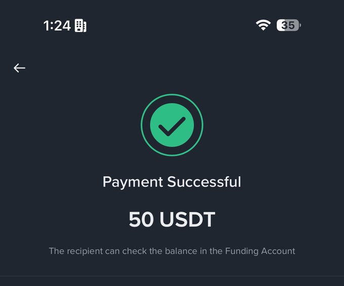 A mobile screen displays a "Payment Successful" confirmation for 50 USDT with a green checkmark, noting the recipient can check their Funding Account balance. The image supports the post's theme by showing a crypto reward being sent out to night-active participants.