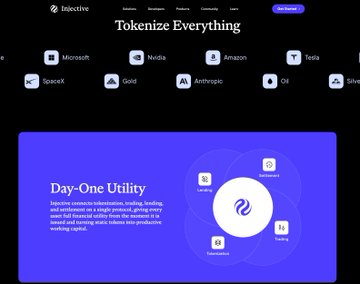 A webpage for 'Injective' featuring the headline 'Tokenize Everything' with logos of partner companies including Microsoft, Nvidia, Amazon, Tesla, SpaceX, Gold, Anthropic, and Oil, and a 'Day-One Utility' section.