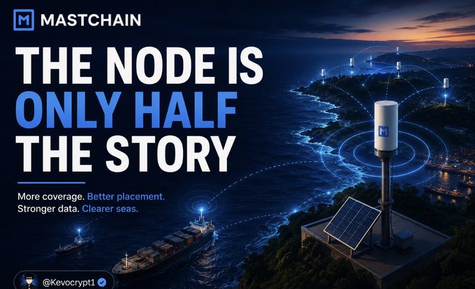 A Mastchain advertisement stating 'THE NODE IS ONLY HALF THE STORY' with the tagline 'More coverage. Better placement. Stronger data. Clearer seas.' showing a network node on a coastal platform.
