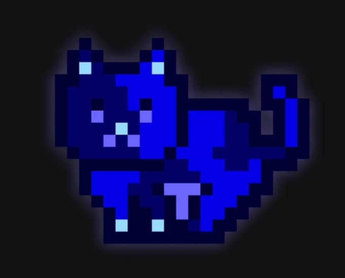 A pixel art illustration of a blue cat with lighter blue accents on its ears, paws, and chest, set against a black background.