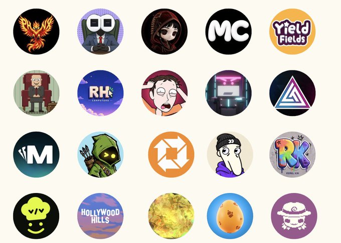 A 4x5 grid displays circular NFT project logos, including a fiery phoenix, "$MC", "Yield Fields", "RH Computers", "M", a hooded figure, "VIV", "HOLLYWOOD HILLS", and various cartoon characters, visually representing the curated collection of high-potential NFT projects promoted in the accompanying cook list post.