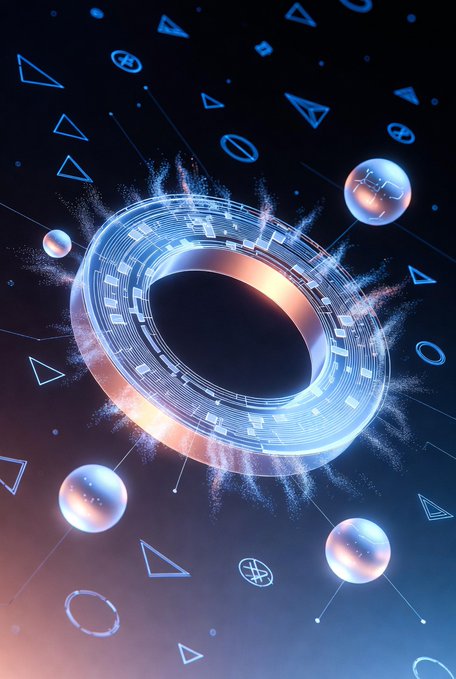 A 3D digital illustration of a glowing blue sci-fi ring surrounded by floating spheres and geometric symbols against a dark background.