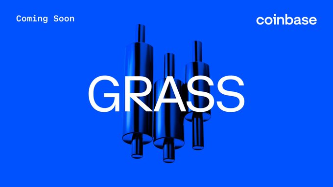 A Coinbase promotional graphic with a bright blue background displays "GRASS" in large white text over an illustration of cylindrical blue bars, with "Coming Soon" in the top left and the "coinbase" logo in the top right, announcing the upcoming launch of GRASS spot trading.
