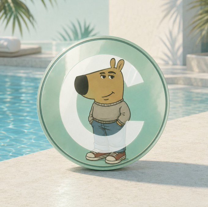 A 3D render of a cartoon dog character wearing a gray sweater, blue jeans, and red sneakers, displayed inside a translucent green circular coin/token standing on a poolside surface.