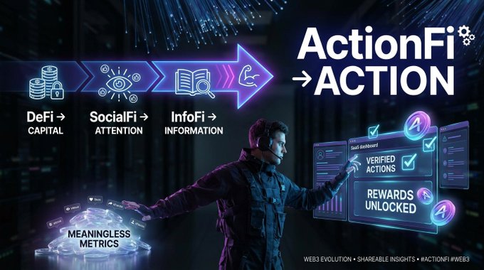 The image is a futuristic promotional graphic titled "ActionFi → ACTION" that illustrates the evolution from meaningless Web3 metrics (DeFi capital, SocialFi attention, InfoFi information) to verified actions that unlock rewards, showing a figure interacting with a Saai dashboard displaying "VERIFIED ACTIONS" and "REWARDS UNLOCKED" with the tagline "WEB3 EVOLUTION • SHAREABLE INSIGHTS • #ACTIONFI #WEB3."

The graphic visually reinforces the post's critique of Web3's "wrong rewards" by contrasting hollow engagement metrics like likes, follows, and retweets (shown as "MEANINGLESS METRICS" on the left) with verified, action-based rewards on the right, embodying ActionFi's mission to reward genuine participation rather than passive social signals.