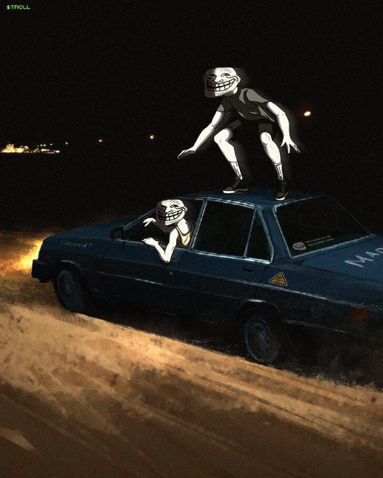 A nighttime meme image of two trollface figures riding on an old blue car on a dirt road, with the text 'BTROLL' in the corner.