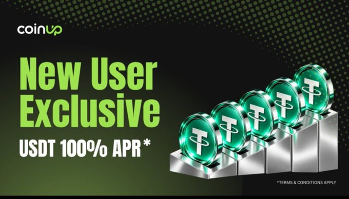 A promotional banner for CoinUp featuring a 'New User Exclusive' offer of USDT 100% APR, with rows of green USDT coins displayed.