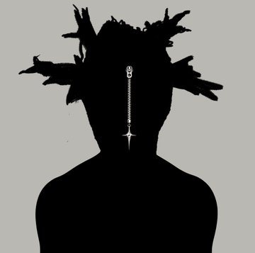 A black silhouette of a person with spiky, starburst-like hair and a zipper running down the center of their face against a gray background.