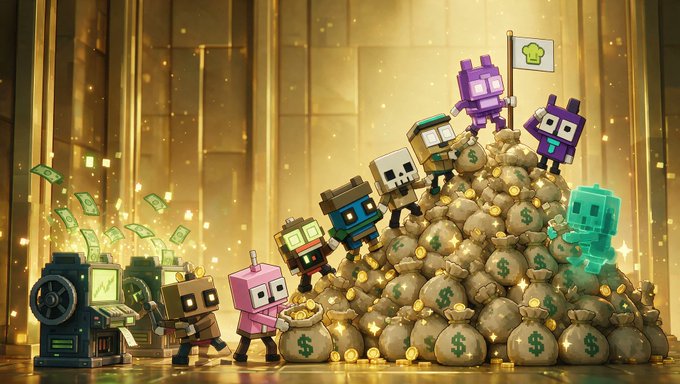 A group of small, colorful robot characters are climbing atop a large pile of money bags marked with dollar signs, with one holding a flag bearing a green leaf logo. The scene visually represents the post's theme of "builders cooking" and financial success, while the green leaf flag on the mountain of money ties directly to the mentioned "$SPARK" token and the minting excitement on @vibevibefun.