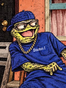 An illustration depicts a yellow, reptilian humanoid wearing glasses, a blue baseball cap, a gold chain, and a blue t-shirt with the word 'Damn!' written on it.