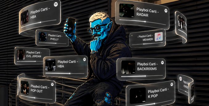 An illustrated graphic of a blue-skinned person looking at their phone is surrounded by Spotify track pop-ups, all featuring songs by Playboi Carti, including 'HBA', 'RADAR', 'PHILLY', 'MEAMER', 'EVIL JORDAN', 'BACKROOMS', 'POP OUT', and 'K POP'.