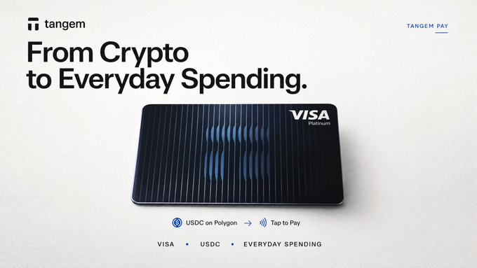 A sleek black Tangem Visa Platinum card rests on a light surface, branded with "VISA Platinum" and featuring the headline "From Crypto to Everyday Spending," highlighting its integration of USDC on Polygon with tap-to-pay functionality for daily purchases.