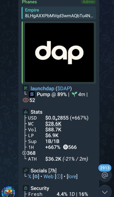 A mobile screenshot shows a Phanes Empire token card for launchdap ($DAP), displaying a +667% gain at $0.2855, $28.6K market cap, and various social and security stats.