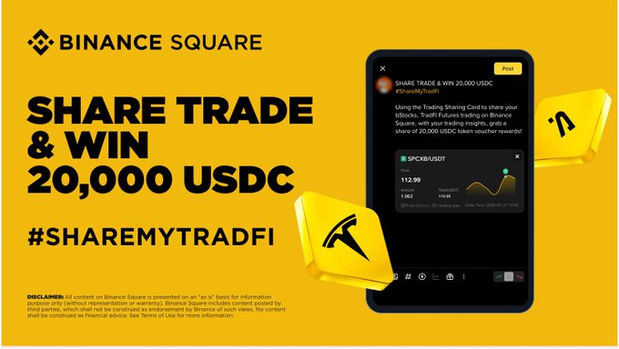 A Binance Square promotional banner featuring a smartphone mockup that displays the trade-sharing interface with a "#ShareMyTradFi" post and a sample SPCX/USDT position, advertising a chance to win a share of 20,000 USDC for sharing trades on the platform. The bold text "SHARE TRADE & WIN 20,000 USDC #SHAREMYTRADFI" reinforces the campaign's call-to-action encouraging users to post their TradFi trades.