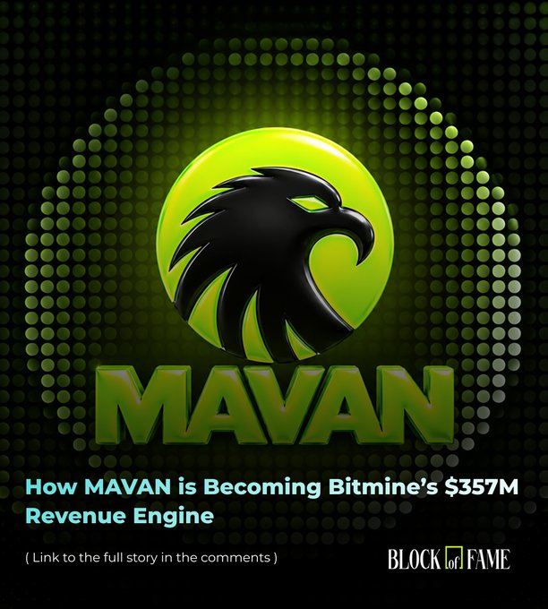 The image features the MAVAN logo—a stylized black eagle head on a lime-green circular background with a dotted green halo—above the bold "MAVAN" wordmark, promoting a post titled "How MAVAN is Becoming Bitmine's $357M Revenue Engine" by Block & Fame. It visually supports the accompanying post by highlighting MAVAN's growing role as a revenue-driving extension of Bitmine's Ethereum staking strategy.