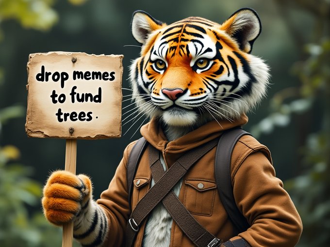 A photorealistic anthropomorphic tiger wearing a brown jacket and backpack holds a weathered wooden sign reading "drop memes to fund trees," visually reinforcing the post's environmental fundraising call for the $MfT community.