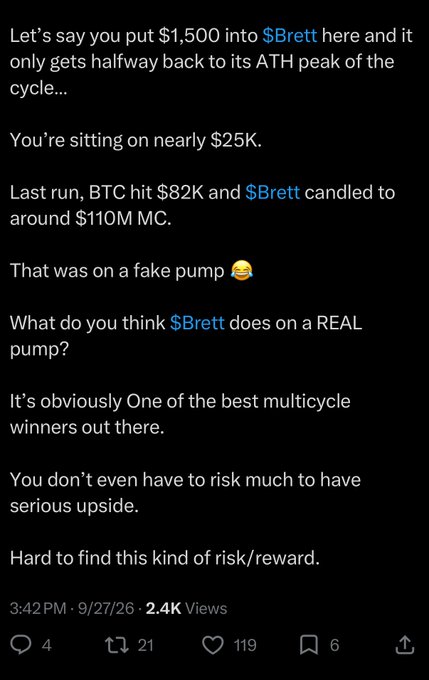 A Twitter/X post promoting the cryptocurrency $Brett, arguing that a $1,500 investment could yield nearly $25K and calling it 'One of the best multicycle winners.'