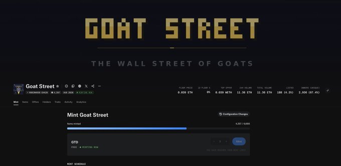 A promotional page for "Goat Street" featuring the tagline "The Wall Street of Goats" displays a live mint that is nearly sold out, with 4,207/4,688 minted at a price of 0.020 ETH and a current floor price of 0.020 ETH.