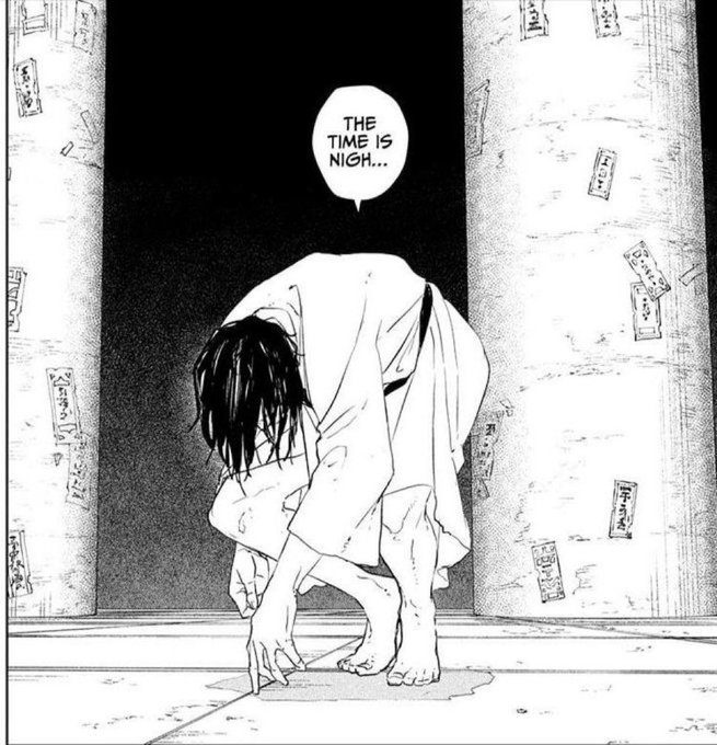 The image shows a black-and-white manga panel of a disheveled, barefoot figure crouching between pillars covered in talismans, with a speech bubble reading "THE TIME IS NIH..."—reflecting the post's humor about being broke and lost enough to consider promoting shady meme coins for money.