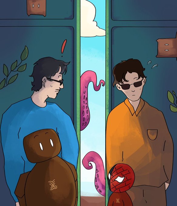 An illustrated artwork depicting two young men, one in a blue sweater holding a brown creature and the other in an orange shirt wearing sunglasses holding a red character, separated by a panel showing tentacles and sky.