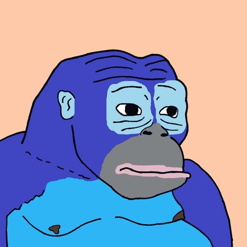 A cartoon illustration of a blue gorilla with a somber expression wearing a blue shirt against a peach-colored background.