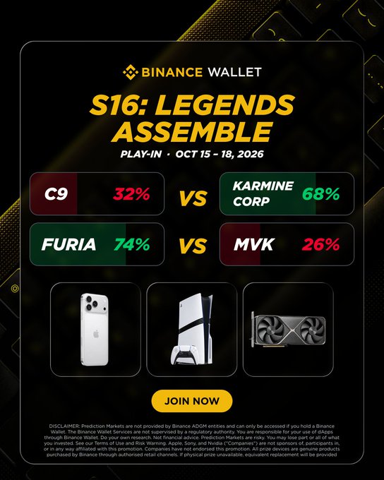Binance Wallet's "S16: Legends Assemble" promotion displays Play-In matchup predictions (C9 vs Karmine Corp, FURIA vs MVK) alongside prizes like an iPhone 18 Pro Max and a 150,000 USDT team prize pool, matching the post's call for users to make picks on web3.binance.com.