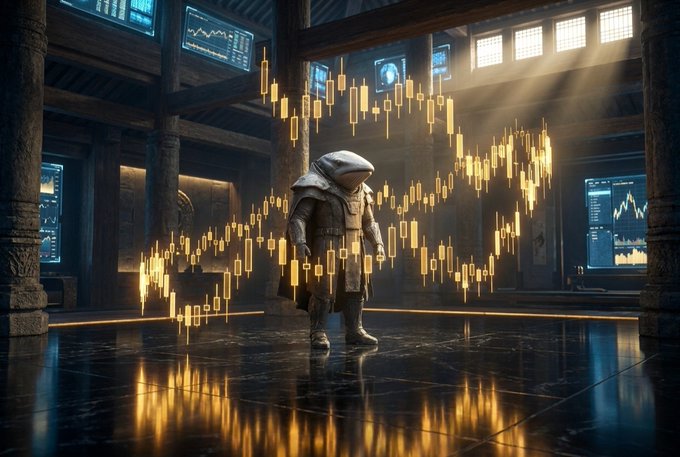 A hooded figure stands alone in a grand, temple-like hall surrounded by glowing candlestick charts and digital trading screens, visually representing the mysterious mechanics of Spot CVD (Cumulative Volume Delta) in crypto markets. The imagery evokes the sense of hidden market forces at work as buyers and sellers queue at price levels like SOL at $100, with orders waiting just above and below to shift the balance of power.