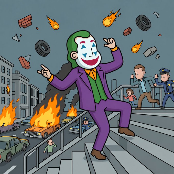 A cartoon illustration depicts a Joker-like figure in a purple suit and green vest dancing chaotically on a staircase while fires burn, tires fly, and panicked civilians and police flee in the background.