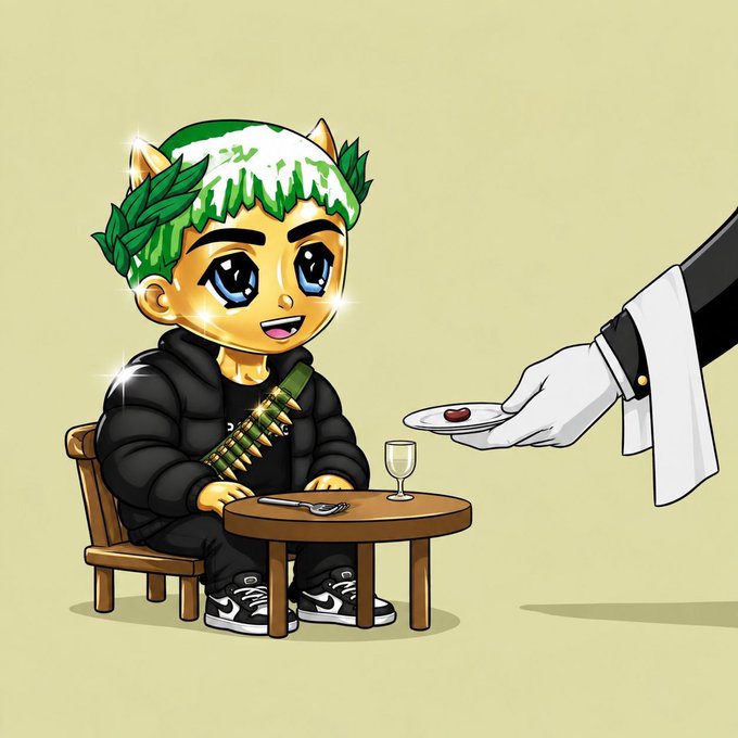 A cartoon illustration of a young boy with green and white hair wearing a laurel wreath, sitting at a small table while a gloved hand serves him food on a plate.
