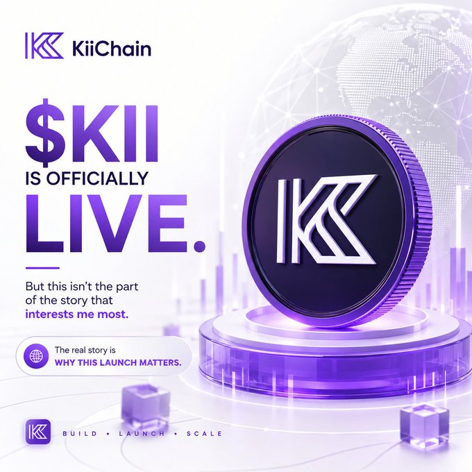 A KiiChain ($KII) cryptocurrency launch advertisement with purple branding announcing the token is officially live, featuring a large 3D coin on a pedestal with the tagline 'BUILD · LAUNCH · SCALE.'