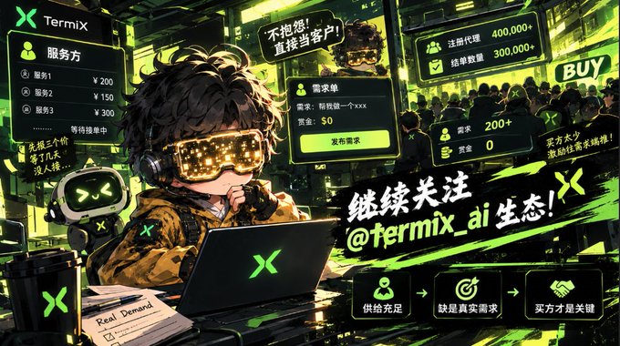 Anime-style promotional graphic for Termix featuring a character with LED glasses at a laptop, with Chinese text '不抱怨！直接当客户！' and '继续关注 @termix_ai生态！', showing service tiers and demand requirements.