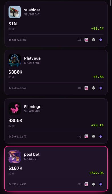 A list of SUI-based tokens including sushicat ($1M MCAP, +56.4%), Platypus ($380K, +7.5%), Flamingo ($355K, +23.1%), and pool bot ($187K, +749.0%).