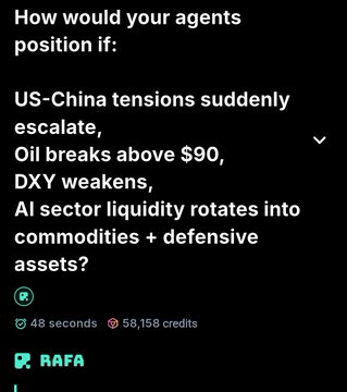 The image shows a screenshot from a social media platform where a post has been made by @RAFA_AI asking about the consequences of war escalation pushing Oil above $90, specifically regarding DXY weakens and liquidity rotates into AI into commodities + defensive assets. The post also mentions that the amazing part system would verify institutional order flow in response to such a headline.