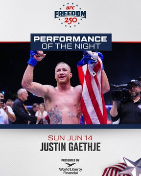 The image features an advertisement poster for the UFC Freedom 250 event, which was held on June 14th at the UFC Center in Las Vegas. The poster showcases a man holding up an American flag with the words "Performance of the Night" written above him. The background of the poster is white and red, creating a patriotic atmosphere. 

The poster also includes text that reads: "What a night at UFC Freedom 250. My favorite Justin Gaethje's relentless pressure left Topuria’s face visibly damaged round after round." This statement highlights the importance of the event and its impact on the fighters involved. The image is accompanied by an image of the fighter, Justin Gaethje, who has been featured in multiple posts related to the UFC Freedom 250 event.