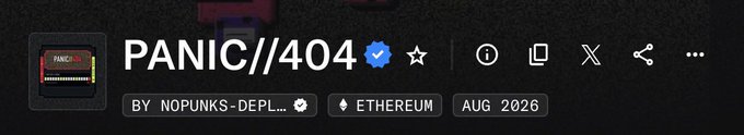 Header for a project called PANIC//404 by NOPUNKS-DEPLOYER on Ethereum, dated Aug 2026, marked with a verified blue checkmark.