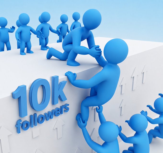 The image features a group of blue 3D characters, including cartoon people, standing next to each other with their arms outstretched towards one another. The text "10k followers" is written above them, indicating that they are trying to help someone who has 10k followers on social media. This suggests that the characters might be offering support or advice to the person in need of assistance.